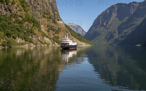 An approaching excursion boat on a beautiful fjord reflecting the light, surrounded by rocks partly overgrown with trees, above a bright blue sky. Gudvangen, Sogn og Fjordane, Norway, Scandinavia, Europe, Gudvangen, NOR, travel, tourism, destination, sightseeing, sea voyage, Hurtigruten, Hurtigruten trip, tourism, Norwegian, Scandinavian, tourist, cruise, adventure trip, mountains, tourist trip, boat trip, river, rocks, tourist ship, water, waters