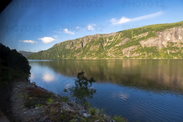 Fjord landscape, rocky forests, blue sky, white clouds, Fyllingsdalen, Hordaland, Norway, Scandinavia, Europe, NOR, travel, tourism, destination, sightseeing, sea voyage, Hurtigruten, Hurtigruten trip, tourism, Norwegian, Scandinavian, tourist, cruise, adventure trip, stream, waters, landscape, hills, mountains, plants, stones