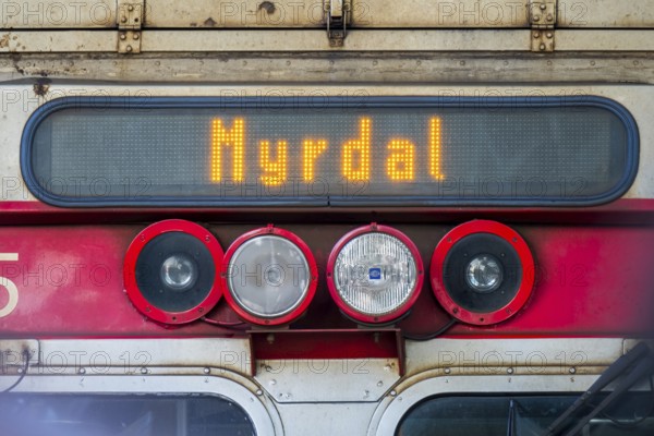 Train at Bergen station, inscription Myrdal, headlights, Hordaland, Norway, Scandinavia, Europe, Bergen, NOR, travel, tourism, destination, sightseeing, sea voyage, Hurtigruten, Hurtigruten trip, tourism, Norwegian, Scandinavian, tourist, cruise, adventure trip, railway, passenger transport, locomotive