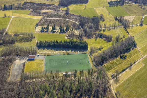 Aerial view, football stadium, sports field Hillmicke with sports home at Fockenberg, Hillmicke, Wenden, Sauerland, North Rhine-Westphalia, Germany, DE, Europe, football field, football stadium, aerial view, aerial photography, aerial photography, sports, sports facilities, sports field, sports facility, stadium, overview, bird's-eye view, overview