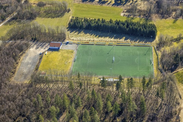 Aerial view, football stadium, sports field Hillmicke with sports home at Fockenberg, Hillmicke, Wenden, Sauerland, North Rhine-Westphalia, Germany, DE, Europe, football field, football stadium, aerial view, aerial photography, aerial photography, sports, sports facilities, sports field, sports facility, stadium, overview, bird's-eye view, overview