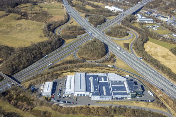 Aerial view, motorway junction Olpe-Süd, motorway A4 and motorway A45, commercial area Gerlingen with SUNFLEX Aluminiumsysteme GmbH, Gerlingen, Wenden, Sauerland, North Rhine-Westphalia, Germany, DE, Europe, commercial enterprises, commercial area, commercial property, commercial site, commercial use, industrial area, industrial site, aerial view, aerial photography, aerial photography, overview, bird's-eye view, overview