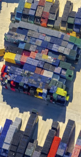 Aerial view, colourful coloured beverage crates of H. Leiter GmbH Leergutlogistik, shapes and colours, commercial area Gerlingen Zum Eichstruck, Hillmicke, Wenden, Sauerland, North Rhine-Westphalia, Germany, DE, Europe, commercial enterprises, commercial area, commercial property, commercial site, commercial use, industrial area, industrial site, aerial view, aerial photography, aerial photography, overview, bird's-eye view, overview
