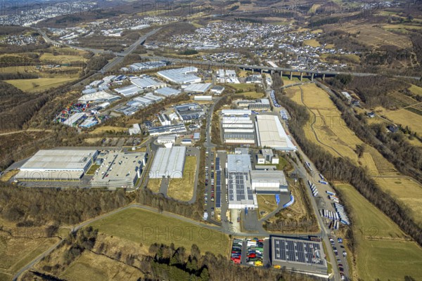 Aerial view, commercial area Gerlingen with Amazon DNX3, Hillmicke, Wenden, Sauerland, North Rhine-Westphalia, Germany, DE, Europe, commercial enterprises, commercial area, commercial property, commercial site, commercial use, industrial area, industrial site, aerial photograph, aerial photography, aerial photography, overview, bird's-eye view, overview