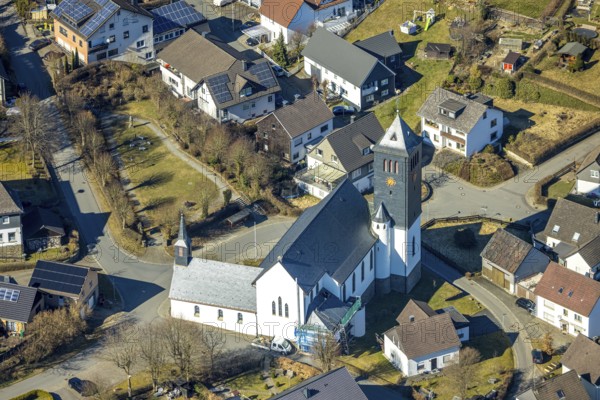Aerial view, St. Antonius Church in Hillmicke, Wenden, Sauerland, North Rhine-Westphalia, Germany, place of worship, DE, Europe, place of worship, holy site, church, parish, denomination, aerial view, aerial photography, aerial photography, religion, religious site, overview, bird's-eye view, overview