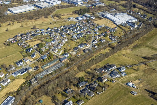 Aerial photograph, EMG Automation GmbH in the Industriestraße industrial estate, residential area on Poststrasse, Hillmicke, Wenden, Sauerland, North Rhine-Westphalia, Germany, DE, Europe, commercial enterprises, commercial area, commercial property, commercial site, commercial use, property tax, real estate, industrial area, industrial site, aerial photograph, aerial photography, aerial photography, overview, bird's-eye view, residential complex, living and living, residential area, residential quality, residential neighbourhood, residential estate, residential area, birds-eyes view, overview