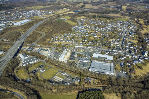 Aerial view, residential area, local view Gerlingen and sewage treatment plant, motorway A4 with Biggetal bridge, Gerlingen, Wenden, Sauerland, North Rhine-Westphalia, Germany, DE, Europe, property tax, real estate, aerial view, aerial photography, aerial photography, overview, bird's-eye view, residential area, living and living, residential area, residential quality, residential quarter, housing estate, residential area, birds-eyes view, overview