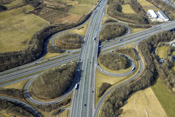 Aerial view, motorway junction Olpe-Süd, motorway A4 and motorway A45, commercial area Gerlingen, Gerlingen, Wenden, Sauerland, North Rhine-Westphalia, Germany, DE, Europe, commercial enterprises, commercial area, commercial property, commercial site, commercial use, industrial area, industrial site, aerial photograph, aerial photography, aerial photography, overview, bird's-eye view, bird's-eye view, overview