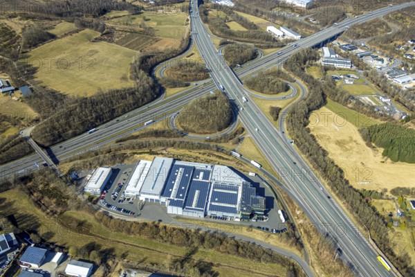 Aerial view, motorway junction Olpe-Süd, motorway A4 and motorway A45, commercial area Gerlingen with SUNFLEX Aluminiumsysteme GmbH, Gerlingen, Wenden, Sauerland, North Rhine-Westphalia, Germany, DE, Europe, commercial enterprises, commercial area, commercial property, commercial site, commercial use, industrial area, industrial site, aerial view, aerial photography, aerial photography, overview, bird's-eye view, overview