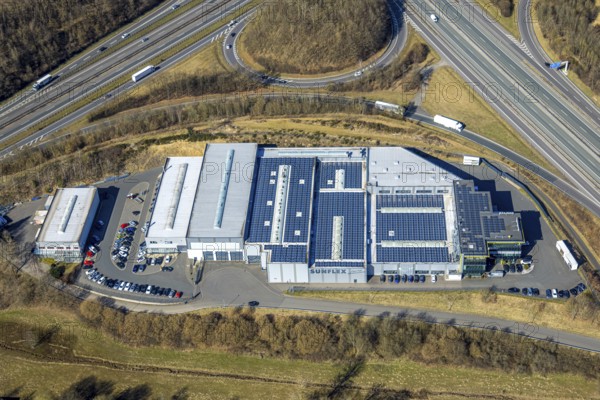 Aerial view, motorway junction Olpe-Süd, motorway A4 and motorway A45, commercial area Gerlingen with SUNFLEX Aluminiumsysteme GmbH, Gerlingen, Wenden, Sauerland, North Rhine-Westphalia, Germany, DE, Europe, commercial enterprises, commercial area, commercial property, commercial site, commercial use, industrial area, industrial site, aerial view, aerial photography, aerial photography, overview, bird's-eye view, overview