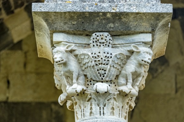 Sardinia, animal motifs on the capitals, Santissima TrinitÃƒÂ di Saccargia, Romanesque church, Codrongianos, Europe, Province of Sassari, Italy, architecture, architectural details, details, history, craftsmanship, interior design, capitals, church, culture, heritage, art, monument, ornamentation, reliefs, religion, sacred building, Santissima TrinitÃ di Saccargia, sightseeing, sculptures, symbolism, animal motifs, tourism, decoration, figurative, historical site, Italian culture, medieval, religious, stonemasonry