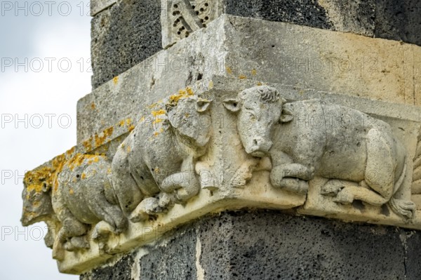 Sardinia, animal motifs cow capital, Santissima TrinitÃƒÂ di Saccargia, Romanesque church, Codrongianos, Europe, Province of Sassari, Italy, architecture, attraction, sculpture, detail, heritage, facade, history, capital, church, continent, cow, culture, art, artwork, monument, ornament, perspective, relief, Santissima TrinitÃ di Saccargia, sightseeing, sculpture, stone, symbolism, column, texture, animals, tourism, Christian, decoration, historical, Mediterranean, medieval, religious
