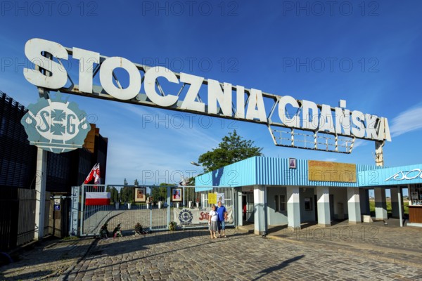 Entrance of the SolidarnoÅ'Ä‡ shipyard, GdaÅsk, Gdansk, Baltic Sea coast, Baltic Sea, pomorskie, Pomeranian Voivodeship, Poland, Gdansk, PL, Europe, aerial view, birds-eyes view, aerial photography, aerial photography, overview, bird's eye view