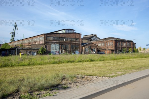 GdaÅsk, old shipyard halls, Gdansk, Baltic Sea coast, Baltic Sea, pomorskie, Pomeranian Voivodeship, Poland, Gdansk, PL, Europe, aerial photo, birds-eyes view, aerial photography, aerial photography, overview, bird's eye view