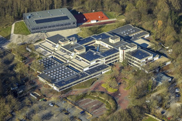 Aerial photo, Börde-Berufskolleg vocational school, sports hall and sports field, Soest, Soester Börde, North Rhine-Westphalia, Germany, education, educational institution, DE, Europe, educational institute, aerial photo, aerial photography, aerial photography, school, overview, bird's eye view, birds-eyes view, overview