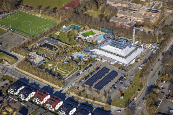 Aerial view, Aqua Spa and Aqua Fun Soest adventure pool, Soest, Soester Börde, North Rhine-Westphalia, Germany, bathing establishment, bathing resort, DE, Europe, outdoor pool, leisure activities, indoor pool, aerial view, aerial photography, aerial photography, swimming pool, swimming pool, overview, bird's-eye view, overview