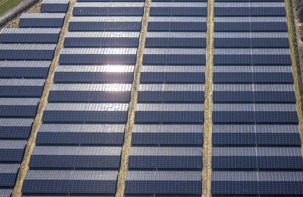 Aerial view, solar park, photovoltaic plant Sternweg, Hattrop, Soest, Soester Börde, North Rhine-Westphalia, Germany, DE, Europe, photovoltaic, aerial view, aerial photography, aerial photography, photovoltaic plant, solar, solar plant, solar roof, solar energy, solar panel, solar park, solar power plant, overview, bird's-eye view, overview