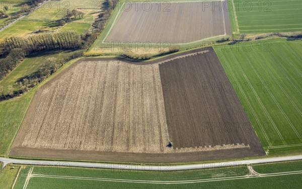 Aerial view, tractor and agricultural work on a field, paradise, Soest, Soester Börde, North Rhine-Westphalia, Germany, DE, Europe, aerial view, aerial photography, aerial photography, overview, bird's-eye view, overview