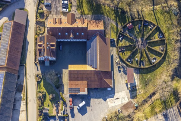 Aerial photography, services for construction and agriculture Dringenberg GmbH agricultural enterprise, round garden, paradise, Soest, Soester Börde, North Rhine-Westphalia, Germany, DE, Europe, trade, agriculture, aerial photography, aerial photography, aerial photography, overview, bird's-eye view, birds-eyes view, overview