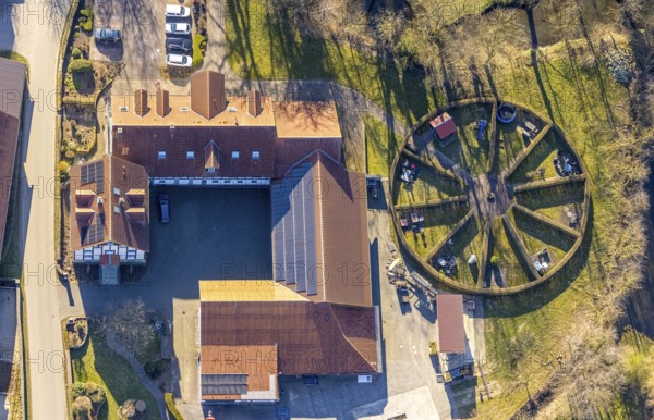 Aerial photography, services for construction and agriculture Dringenberg GmbH agricultural enterprise, round garden, paradise, Soest, Soester Börde, North Rhine-Westphalia, Germany, DE, Europe, trade, agriculture, aerial photography, aerial photography, aerial photography, overview, bird's-eye view, birds-eyes view, overview