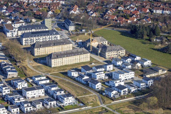 Aerial view, Belgian Quarter Soest, construction site with renovation, new construction residential area, Soest, Soester Börde, North Rhine-Westphalia, Germany, construction work, construction area, building site, building plots, construction measure, construction project, construction site, DE, Europe, property tax, real estate, aerial view, aerial photography, aerial photography, overview, bird's eye view, residential complex, living and living, residential area, residential quality, residential neighbourhood, housing estate, residential area, birds-eyes view, overview