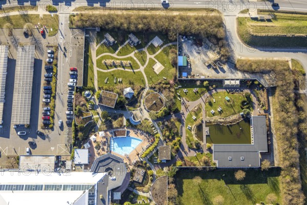 Aerial view, Aqua Spa and Aqua Fun Soest adventure pool, Soest, Soester Börde, North Rhine-Westphalia, Germany, bathing establishment, bathing resort, DE, Europe, outdoor pool, leisure activities, indoor pool, aerial view, aerial photography, aerial photography, swimming pool, swimming pool, overview, bird's-eye view, overview