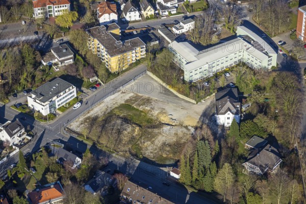 Aerial view, Jobcenter AHA (Arbeit Hellweg Aktiv) Kreis Soest and construction site at Ölmüllerweg corner Pagenstraße, former area Großwäscherei Kampschulte, Soest, Soester Börde, North Rhine-Westphalia, Germany, construction work, construction area, building site, building plots, construction measure, construction project, construction site, DE, Europe, aerial view, aerial photography, aerial photography, overview, bird's eye view, overview