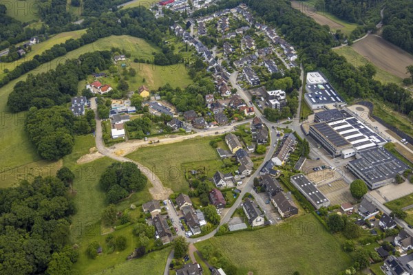 Aerial view, construction site road construction to Böhmer company site Gedulderweg, commercial area, Niedersprockhövel, Sprockhövel, Ruhr area, North Rhine-Westphalia, Germany, construction work, construction area, construction site, building plots, construction project, construction site, DE, Europe, commercial enterprises, commercial area, commercial property, commercial site, commercial use, industrial area, industrial site, aerial photograph, aerial photography, aerial photography, new building, overview, bird's eye view, bird's eye view, overview