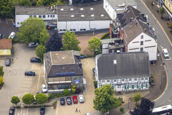 Aerial view, Volksbank head office Mühlenstraße, half-timbered house Schultenhof Leveringhaus, Niedersprockhövel, Sprockhövel, Ruhr area, North Rhine-Westphalia, Germany, DE, Europe, finance, financial institution, aerial view, aerial photography, aerial photography, overview, bird's eye view, Volksbank, birds-eyes view, overview