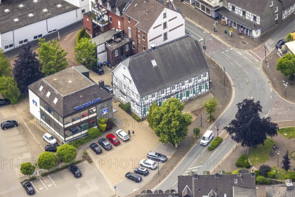 Aerial view, Volksbank head office Mühlenstraße, half-timbered house Schultenhof Leveringhaus, Niedersprockhövel, Sprockhövel, Ruhr area, North Rhine-Westphalia, Germany, DE, Europe, finance, financial institution, aerial view, aerial photography, aerial photography, overview, bird's eye view, Volksbank, birds-eyes view, overview