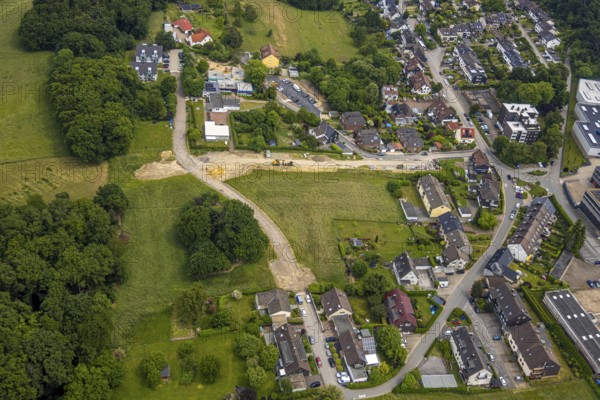 Aerial view, construction site road construction Gedulderweg, Niedersprockhövel, Sprockhövel, Ruhr area, North Rhine-Westphalia, Germany, construction work, construction area, construction site, building site, building project, construction site, DE, Europe, aerial view, aerial photography, aerial photography, new building, overview, bird's-eye view, overview