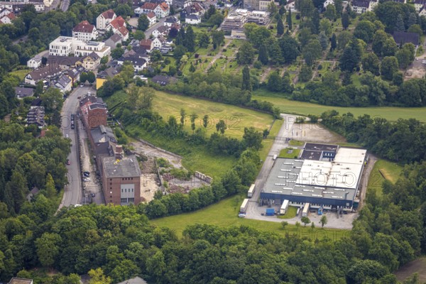 Aerial view, former colliery Alte Haase and Malakowturm, W-Finish GmbH & Co.KG - Witt Metallschleiferei Poliererei - Werk Sprockhövel, Niedersprockhövel, Sprockhövel, Ruhr area, North Rhine-Westphalia, Germany, mining, DE, Europe, commercial enterprises, commercial space, commercial area, commercial property, commercial site, commercial use, industrial area, industrial site, aerial photograph, aerial photography, aerial photography, tower, overview, bird's eye view, colliery, birds-eyes view, overview