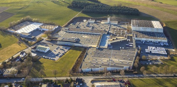 Aerial view, Tillmann Wellpappe-Verpackungen factory premises, industrial area, Stockum, Sundern, Sauerland, North Rhine-Westphalia, Germany, DE, Europe, commercial enterprises, commercial area, commercial property, commercial site, commercial use, industrial area, industrial site, aerial photograph, aerial photography, aerial photography, overview, bird's-eye view, overview