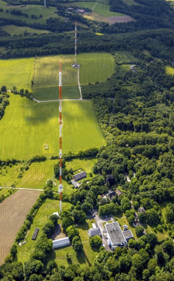 Aerial photo, radio masts Westdeutscher Rundfunk transmitter Langenberg in nature reserve, meadows and fields, Oberbonsfeld, Velbert, Ruhr area, North Rhine-Westphalia, Germany, DE, Europe, Langenberg, aerial photo, aerial photography, aerial photography, overview, bird's-eye view, overview