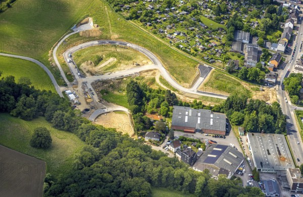 Aerial view, construction site and development of new residential area Fellershof an der Fellerstraße, Langenberg, Velbert, Ruhr area, North Rhine-Westphalia, Germany, construction work, construction area, building site, building plots, construction project, construction site, DE, Europe, property tax, real estate, aerial photograph, aerial photography, aerial photography, overview, bird's eye view, residential complex, living and life, residential area, residential quality, residential neighbourhood, housing estate, residential district, birds-eyes view, overview