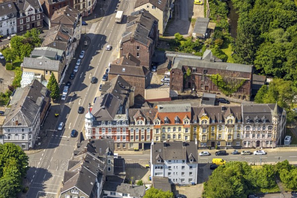 Aerial view, construction site with new building on Heeger Straße bridge, Heegerstraße residential area and historic heritage-protected houses and facades, railway tracks, Oberbonsfeld, Velbert, Ruhr area, North Rhine-Westphalia, Germany, architecture, construction work, construction workers, construction area, construction site, scaffolding, building plots, construction project, construction site, bridge, DE, monument protection, development, Europe, river, progress, building, house, Heegerstraße, industrial area, infrastructure, construction, Langenberg, aerial view, aerial photography, aerial photography, machines, planning, rails, city, urban development, roads, urban, overview, traffic network, bird's-eye view, residential area, birds-eyes view, overview