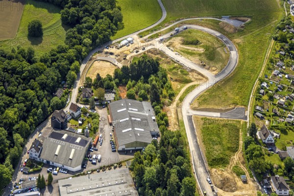 Aerial view, construction site and development of new residential area Fellershof an der Fellerstraße, Langenberg, Velbert, Ruhr area, North Rhine-Westphalia, Germany, construction work, construction area, building site, building plots, construction project, construction site, DE, Europe, aerial view, aerial photography, aerial photography, overview, bird's-eye view, overview