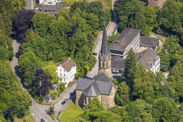 Aerial view, EventKirche Langenberg venue, catholic kindergarten and public library, Langenberg, Velbert, Ruhr area, North Rhine-Westphalia, Germany, place of worship, DE, Europe, faith community, place of worship, holy place, kindergarten, day care centre, day care centre, church, church community, day care centre, denomination, aerial view, aerial photography, aerial photography, religion, religious site, overview, bird's eye view, birds-eyes view, overview