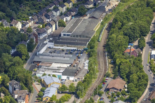 Aerial view, commercial area Vosskuhlstraße, Langenberg, railway tracks and suburban railway, Velbert, Ruhr area, North Rhine-Westphalia, Germany, DE, Europe, commercial enterprises, commercial area, commercial property, commercial park, commercial location, commercial use, property tax, real estate, industrial area, industrial location, aerial photograph, aerial photography, aerial photography, overview, bird's eye view, residential area, living and living, residential area, residential quality, residential quarter, residential estate, residential area, bird's eye view, overview