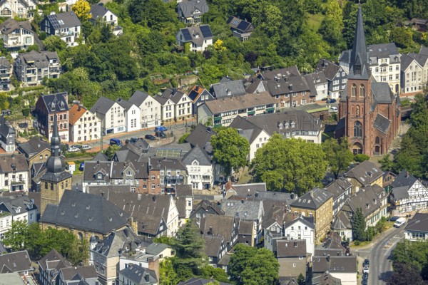 Aerial view, Old Town with Protestant Old Church Langenberg and Catholic Church St. Michael, Langenberg, Velbert, Ruhr area, North Rhine-Westphalia, Germany, place of worship, DE, Europe, religious community, place of worship, holy place, church, parish, denomination, aerial view, aerial photography, aerial photography, religion, religious site, overview, bird's-eye view, bird's-eye view, overview