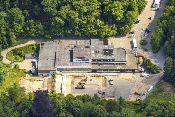 Aerial view, Nizzabad construction site, planned demolition for the construction of a new natural outdoor swimming pool, Langenberg, Velbert, Ruhr area, North Rhine-Westphalia, Germany, bathing establishment, bathing resort, construction work, construction area, construction site, construction site, construction project, construction project, construction site, DE, Europe, outdoor swimming pool, aerial view, aerial photography, aerial photography, overview, bird's eye view, birds-eyes view, overview