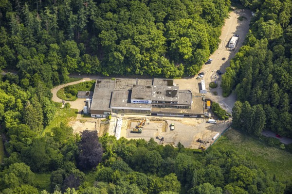 Aerial view, Nizzabad construction site, planned demolition for the construction of a new natural outdoor swimming pool, Langenberg, Velbert, Ruhr area, North Rhine-Westphalia, Germany, bathing establishment, bathing resort, construction work, construction area, construction site, construction site, construction project, construction project, construction site, DE, Europe, outdoor swimming pool, aerial view, aerial photography, aerial photography, overview, bird's eye view, birds-eyes view, overview