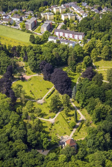 Aerial view, Protestant cemetery burial ground, Langenberg, Velbert, Ruhr area, North Rhine-Westphalia, Germany, burial ground, DE, Europe, cemetery, memorial, place of worship, graves, burial ground, aerial photograph, aerial photography, aerial photography, park, resting place, overview, bird's-eye view, overview