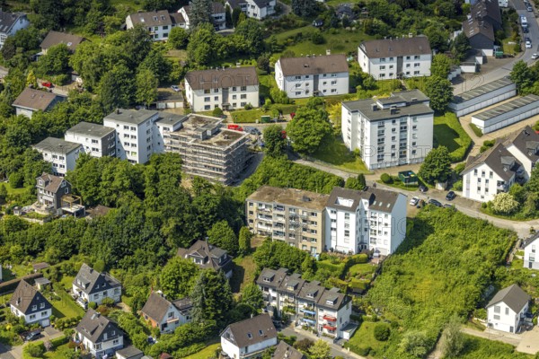 Aerial view, Eikeshagen residential area and construction site with new building, Oberbonsfeld, Velbert, Ruhr area, North Rhine-Westphalia, Germany, construction work, construction area, construction site, building plots, construction project, construction site, DE, Europe, Langenberg, aerial view, aerial photography, aerial photography, overview, bird's-eye view, overview