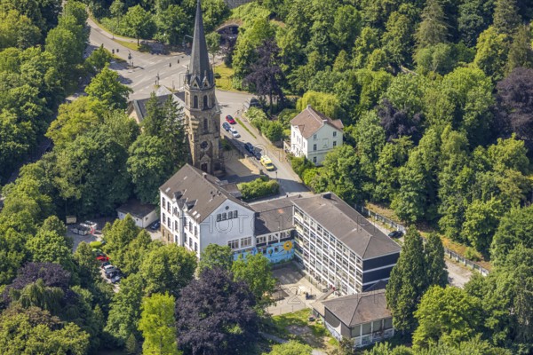 Aerial view, EventKirche Langenberg venue, catholic kindergarten and public library, Langenberg, Velbert, Ruhr area, North Rhine-Westphalia, Germany, place of worship, DE, Europe, faith community, place of worship, holy place, kindergarten, day care centre, day care centre, church, church community, day care centre, denomination, aerial view, aerial photography, aerial photography, religion, religious site, overview, bird's eye view, birds-eyes view, overview