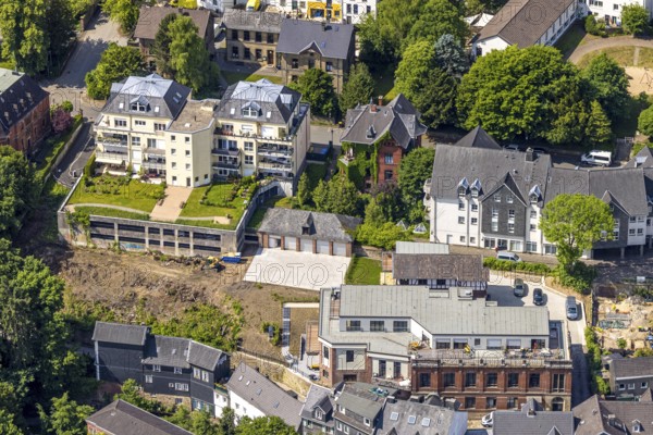 Aerial view, residential area and construction site Benderstraße corner Wiemerstraße, Oberbonsfeld, Velbert, Ruhr area, North Rhine-Westphalia, Germany, construction work, construction area, construction site, building plots, construction project, construction site, DE, Europe, property tax, real estate, Langenberg, aerial photograph, aerial photography, aerial photography, overview, bird's eye view, residential complex, living and living, residential area, residential quality, residential neighbourhood, housing estate, residential area, birds-eyes view, overview