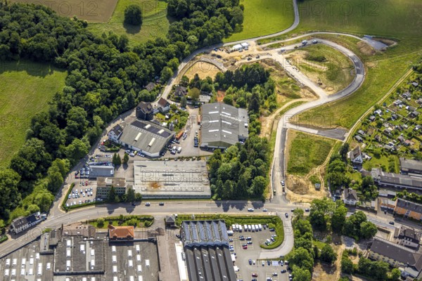Aerial view, construction site and development of new residential area Fellershof an der Fellerstraße, Langenberg, Velbert, Ruhr area, North Rhine-Westphalia, Germany, construction work, construction area, building site, building plots, construction project, construction site, DE, Europe, aerial view, aerial photography, aerial photography, overview, bird's-eye view, overview