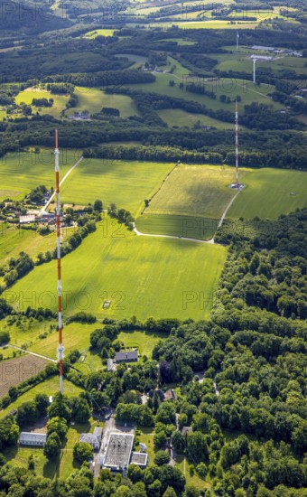 Aerial photo, radio masts Westdeutscher Rundfunk transmitter Langenberg in nature reserve, meadows and fields, Oberbonsfeld, Velbert, Ruhr area, North Rhine-Westphalia, Germany, DE, Europe, Langenberg, aerial photo, aerial photography, aerial photography, overview, bird's-eye view, overview