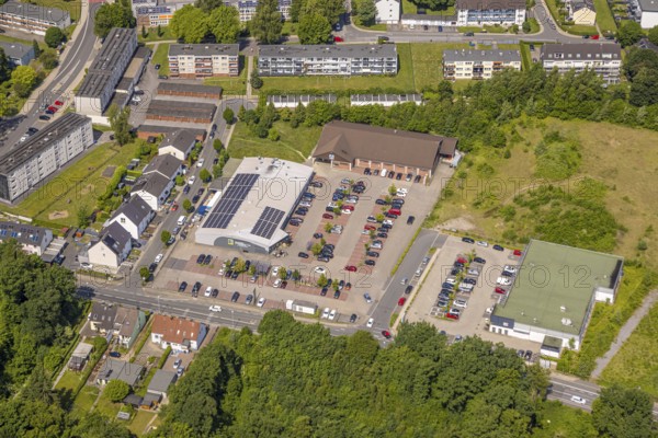 Aerial view, Aldi and Edeka supermarket at Rosenhügel, multi-family housing estate, Siebeneick, Wuppertal, Ruhr area, North Rhine-Westphalia, Germany, DE, Europe, aerial photography, aerial photography, aerial photography, Neviges, overview, Velbert, bird's eye view, birds-eyes view, overview