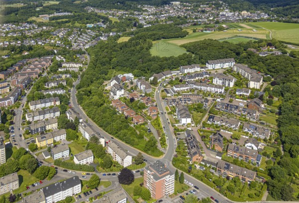 Aerial view, residential area housing estate Florastraße and Konrad-Adenauer-Straße, high-rise building, Siebeneick, Wuppertal, Ruhr area, North Rhine-Westphalia, Germany, DE, Europe, property tax, real estate, aerial view, aerial photography, aerial photography, Neviges, overview, Velbert, bird's-eye view, residential estate, living and living, residential area, quality of life, residential neighbourhood, housing estate, residential district, birds-eyes view, overview